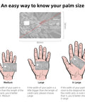 An easy way to know your palm size based on credit card dimensions with medium, large, and x-large palm size indications.
