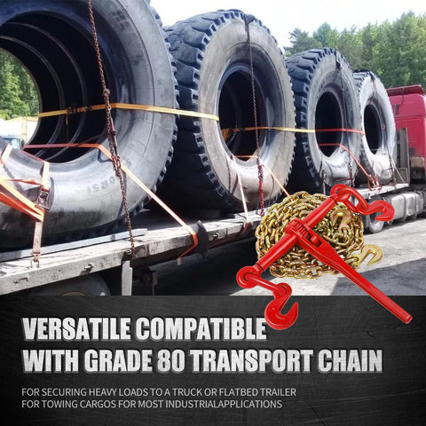 Beefy Heavy Duty Ratchet Chain Load Binder Set Nine Thousand Two Hundred Lbs Capacity on flatbed truck with tire cargo
