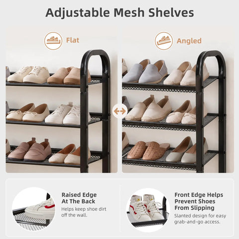 Sick Heavy Duty 5 Tier Metal Shoe Rack With Dense Mesh Shelves Holds All Your Kicks Solid Space Saving Entryway Footwear Organizer with adjustable shelves.