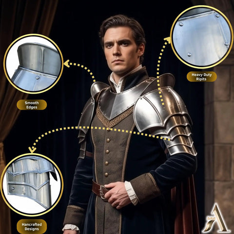 Epic Medieval Shoulder Pauldron Armor Set for Cosplay and LARP with smooth edges and heavy duty rivets, worn by a model.
