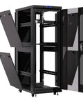 Heavy Duty 37U Server Rack Cabinet 39 Inch Deep With Dope Cooling Vents And Premium Steel Build open showing interior storage space.