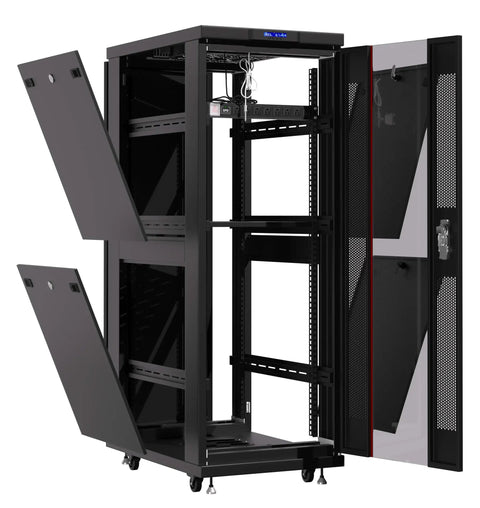 Heavy Duty 37U Server Rack Cabinet 39 Inch Deep With Dope Cooling Vents And Premium Steel Build open showing interior storage space.