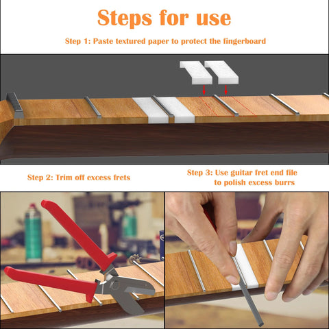 Front view of fret end dressing file kit with double-sided file, red-handled pliers, and hands filing fret ends