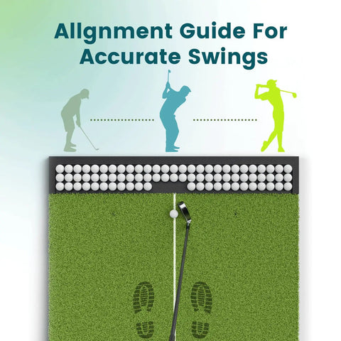 6x4Ft Golf Practice Mat With Built In Ball Tray Alignment Line EVA Foam Base Durable Turf And 3 Tees shown with alignment guide