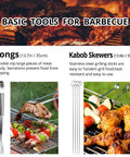 Stainless Steel Barbecue Utensil Set With Carry Bag Professional Grill Tools Rust Resistant Dishwasher Safe Heat Resistant Handles Complete Stainless Steel Barbecue Accessories For Easy Grilling On The Go featuring tongs and kabob skewers next to grilled food.