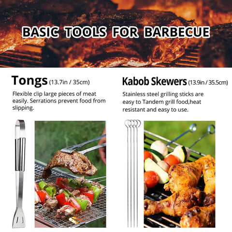 Stainless Steel Barbecue Utensil Set With Carry Bag Professional Grill Tools Rust Resistant Dishwasher Safe Heat Resistant Handles Complete Stainless Steel Barbecue Accessories For Easy Grilling On The Go featuring tongs and kabob skewers next to grilled food.