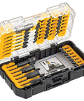 DEWALT 40-pc impact-ready screwdriver bit set in an open yellow/black storage case with organized bits