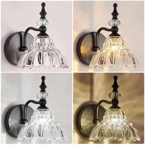 Matte Black Modern Bathroom Vanity Light Fixture Over Mirror Wall Sconces For Bedroom Hallway Living Room With Warm Soft White Led Glow And Easy Mount Dope Flower Shape Design showing various light states.