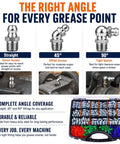 Heavy Duty 600 Pc Zerk Fittings Kit With Complete Sae Metric 1/4 And 1/8 Inch Set Plus Dust Caps And Wrenches For All Your Daily Machine Greasing Needs, 45° fitting box