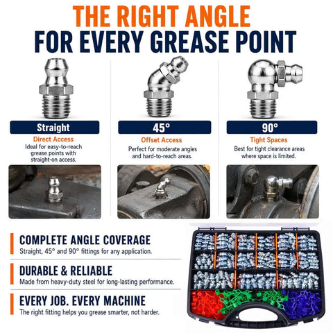 Heavy Duty 600 Pc Zerk Fittings Kit With Complete Sae Metric 1/4 And 1/8 Inch Set Plus Dust Caps And Wrenches For All Your Daily Machine Greasing Needs, 45° fitting box