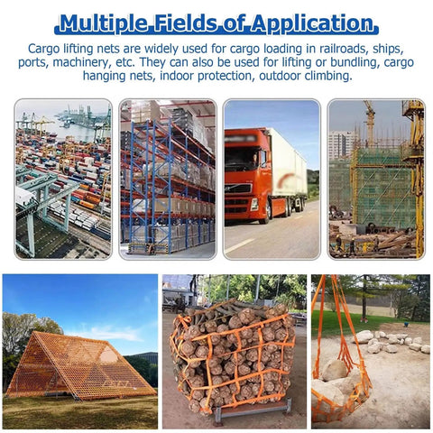Multiple uses of Beefy Heavy Duty Cargo Lifting Net For Ports And Construction Sites with images of various applications
