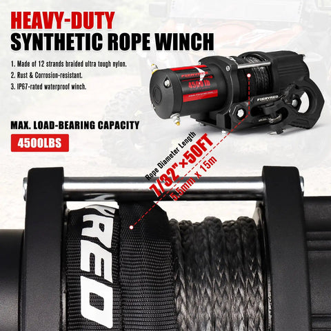 Heavy-duty synthetic rope winch with specs displayed, highlighting 4500Lbs capacity and IP67 rating for off-road towing.