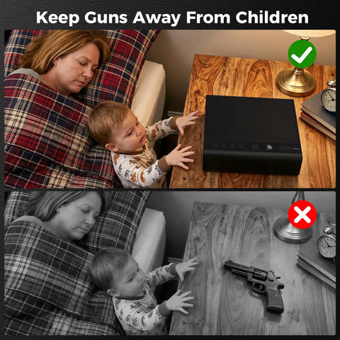 Biometric Gun Safe For Handgun With Quick Grab And Go Access In Under One Tenth Of A Second Three Way Fingerprint And Keypad Safe in bedroom scene.