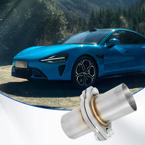 Exhaust Flange Repair Pipe Kit 2.5 Inch ID To 2.5 Inch OD With Stainless Steel Gasket And Two Bolts displayed with blue car