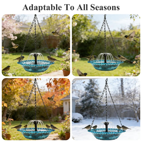 Hanging Bird Bath With Solar Powered Fountain For Outdoor Garden Patio Lawn And Backyard Birds Water Feature For Bathing Drinking And Feeding Automatic Sun Activated Pump Durable Hanging Design No Wires Easy Setup Weather Resistant in various seasonal settings with birds.