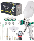 Pro Grade HVLP Spray Gun With Adjustable One Point Four One Point Seven And Two Point Zero Millimeter Tips showing various components and tools.