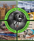 Heavy Duty Vented Hard Hat With Bluetooth Earmuffs And Drop Front Visor For Crews Ansi Z89 1 Certified, shown in a construction and manufacturing setting.
