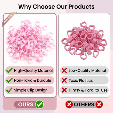Comparison of high-quality 8mm plastic pigeon leg bands with numbers 001 to 100 in a 100 count bag versus low-quality options.