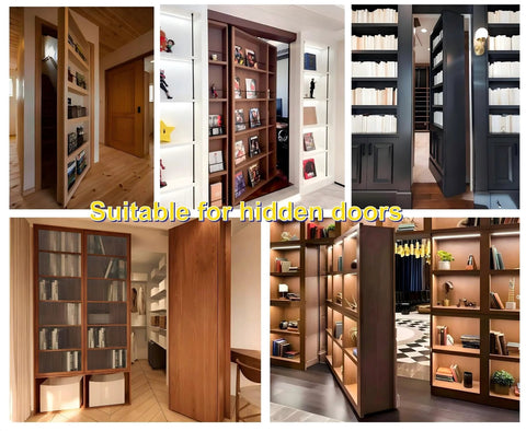 Heavy Duty Hidden Door Hinges With 600 Lbs Load Rating, Thickened Solid Steel Construction, Waterproof Finish, 360 Degree Rotation Pivot for Murphy Door, Secret Door, and Bookshelf Door Black, shown in various door installations.