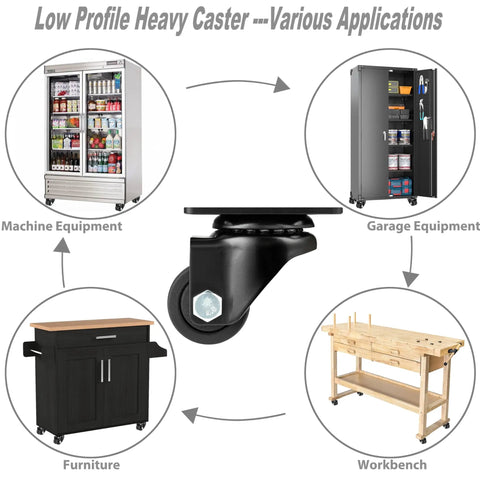 Heavy Duty Swivel Caster Wheels Set Of Four, 1.5 Inch Double Nylon Rollers Built Like A Tank For Beds And Workbenches, Smooth As Butter Gliding Plate Casters Holding 2200 Lbs, Rock Solid Black Kit used on garage, machine equipment, and furniture.