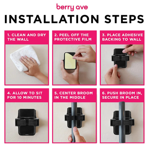 Installation steps for Five Slot Broom Holder With Self Adhesive Mop Gripper No Drilling Wall Mount Organizer