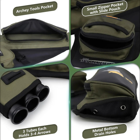 Dope Hip Quiver For Arrows With 3 Tube Holder And Slim Side Pockets, Army Green archery gear close-up details view