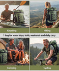 Collage of hikers and kayaker with 40L Waterproof Backpack Dry Bag For Hiking And Travel, shown in various outdoor activities.