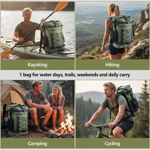Collage of hikers and kayaker with 40L Waterproof Backpack Dry Bag For Hiking And Travel, shown in various outdoor activities.
