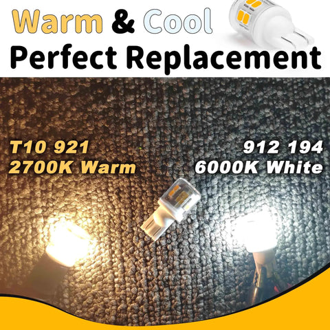 Five Pack T10 LED RV Lights For Camper And Boat Easy Swap 12V 24V 2700K warm and 6000K white comparison, perfect replacement