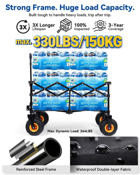 Beach Wagon With Balloon Wheels Seven Point Five Inch Soft Sand Glide Heavy Duty Cart 330 Lb Capacity loaded with water bottles