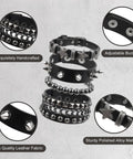 Set Of Four Badass Punk Studded Leather Bracelets For Men And Women Adjustable Spike Rock Goth Emo Y2K Grunge Wrist Cuffs showing details of studs and chains.