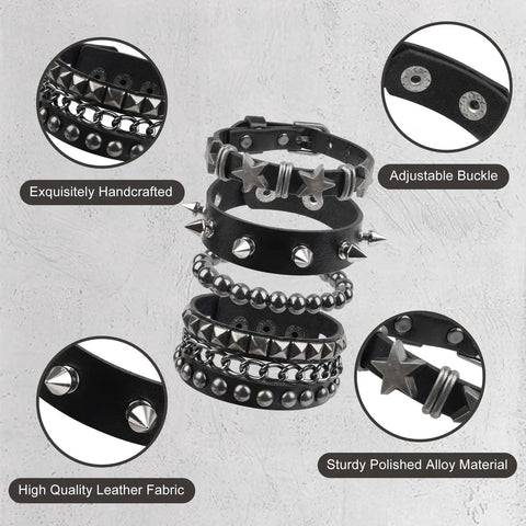 Set Of Four Badass Punk Studded Leather Bracelets For Men And Women Adjustable Spike Rock Goth Emo Y2K Grunge Wrist Cuffs showing details of studs and chains.