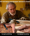 Woodworker using 17Pcs Card Scraper Set For Woodworking With Cabinet Scrapers And Burnisher for precision sanding and smoothing.