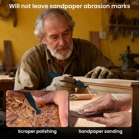 Woodworker using 17Pcs Card Scraper Set For Woodworking With Cabinet Scrapers And Burnisher for precision sanding and smoothing.