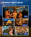 Collage of outdoor settings with Outdoor String Lights 25 Foot LED Patio Lights With Shatterproof Edison Bulbs And Spare IPX5 Waterproof Warm White 2700K