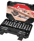 Pro Grade 16 Piece Forstner Drill Bits Set Featuring Tough As Nails Alloy Steel Round Shank Bits For Quick Chip Removal And Slick Hardwood Drilling Projects in black case.