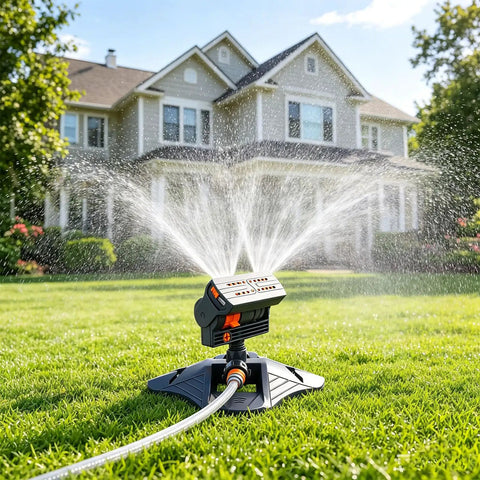 Adjustable Oscillating Sprinkler With Wide Coverage And Timer 16 Nozzles in action on green lawn with house background