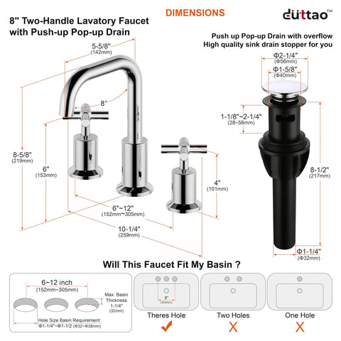 Two Handle Widespread Bathroom Faucet For 8 Inch Sink 3 Hole Mount Polished Chrome Finish With Push Up Pop Up Drain dimensions