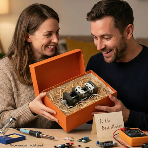 Kickass Smart Fractal Mini Bench Vise With Self Adjusting Dual Jaw Precision Clamp For Drill Press Circuit Boards Pipes And Odd Parts A Hella Useful Diy Workbench Staple in a gift box, held by a smiling couple.