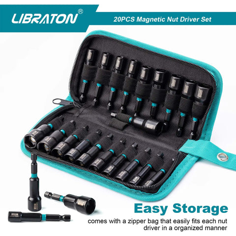 Magnetic Nut Driver Set 20 Piece For Impact Drills Metric And SAE Nut Drivers With Storage Bag in open carrying case