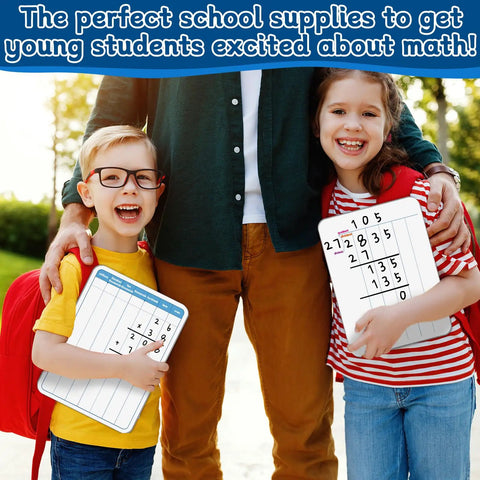 Kids smiling holding 24 Pack Double Sided Whiteboards For Kids Math Practice Multiplication And Division Cardboard Boards Portable Classroom Tools 12 By 9 Inches Kid Friendly Homework Helper For Students And Team Learning In Class.