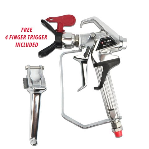 Pro-Grade RX-80 Airless Spray Gun with Two-Finger Trigger, side view with included four-finger trigger attachment