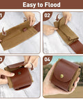 Steps showing how to fold the Foraging Bag For Outdoors Grab And Go Waxed Canvas Pouch Water Resistant Collapsible Brown Mushroom Forage Belt Tool Bag For Travel Hiking Backpacking Camping Gear.