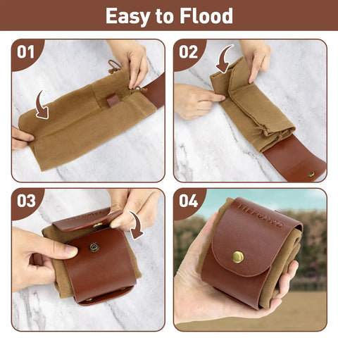 Steps showing how to fold the Foraging Bag For Outdoors Grab And Go Waxed Canvas Pouch Water Resistant Collapsible Brown Mushroom Forage Belt Tool Bag For Travel Hiking Backpacking Camping Gear.