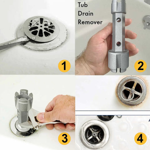 Dual End Drain Removal Wrench For Bathtubs And Showers Heavy Duty Aluminum used on tub drain, showing easy grip and durable design.