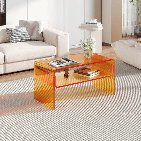 Orange Acrylic Coffee Table With Open Storage Two Tier Clear Modern Coffee Table For Living Room Office Reception And Bedroom