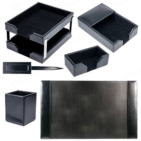 Black Bonded Leather 8-Piece Desk Accessory Set For Organization And Executive Decor including blotter, tray, and holder