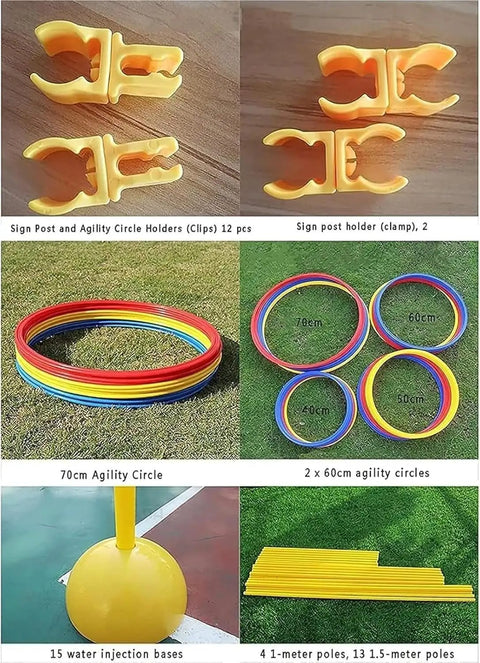 Components of Drone Racing Obstacle Course Kit For Beginners Designed For Indoor And Outdoor Practice with hoops, bases, and poles