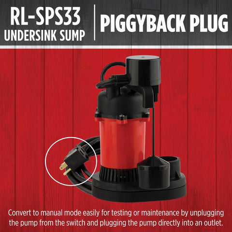 One Third HP 115 Volt Under Sink Sump Pump System With Six Gallon Basin showing piggyback plug for easy manual mode conversion