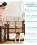 Woman setting up 192-Inch Ultra Wide 2-In-1 Baby Gate And Play Yard With Door in brown, showcasing walk-through design and sturdy frame.